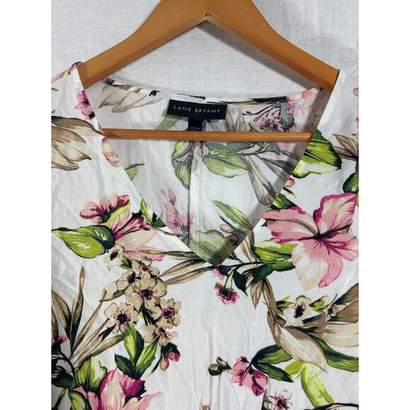 Lane Bryant Top 22 24 Pink Green Floral Peplum Balloon Sleeve Flowy Babydoll - Picture 5 of 10